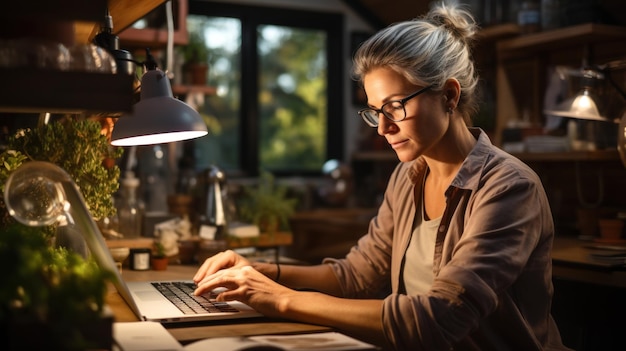 Una escritora madura con anteojos toca una novela en una laptop en su casa de trabajo