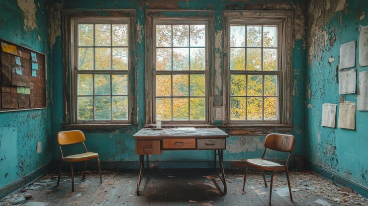 Foto escritório abandonado com pintura descascante e móveis antigos