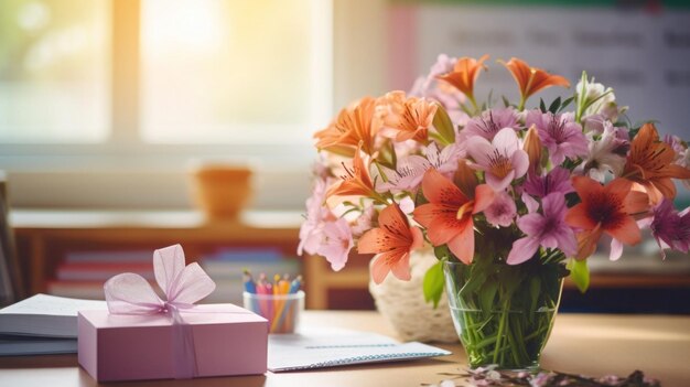 escritorio adornado con tarjetas de regalos y flores