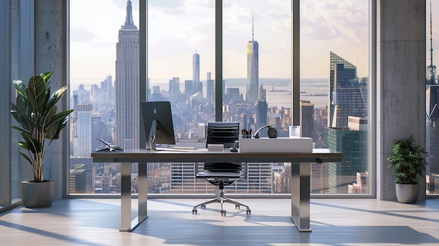 Un escritorio ajustable elegante con un horizonte de oficina contemporáneo