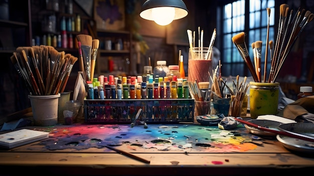 Un escritorio de artistas con pinceles y tubos de color