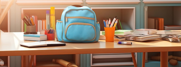 En el escritorio del aula una mochila azul de la escuela awaitsa símbolo del viaje de vuelta a la escuela