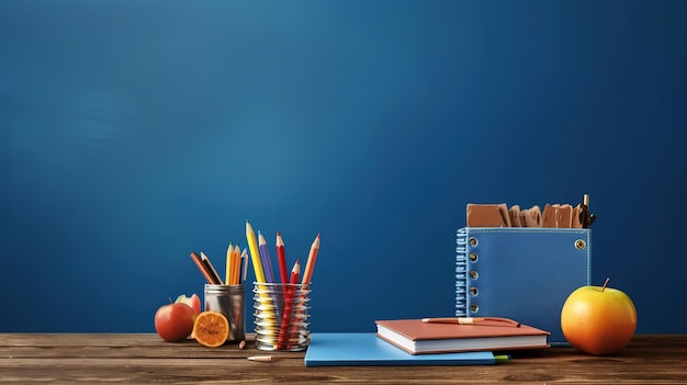 Un escritorio azul con una caja azul y un estuche para lápices con una caja azul que dice "escuela".