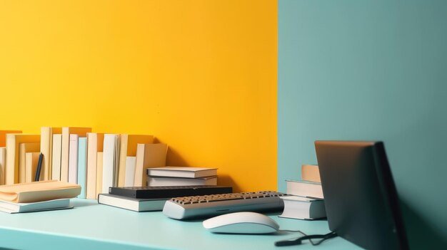 Foto un escritorio azul con un teclado, libros y un libro encima.