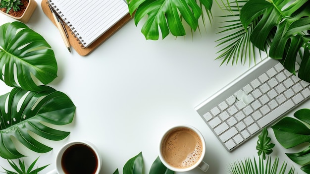 Un escritorio blanco con café y verde deja un teclado en el lado derecho de la foto