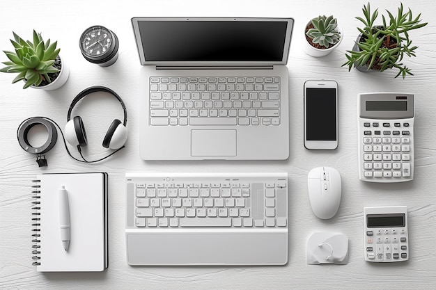 Foto escritorio blanco con calculadora, auriculares, teclado y ratón para ver con espacio para copiar