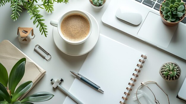 Un escritorio blanco minimalista con portátil de café y bloc de notas para un fondo de sitio web de negocios en línea