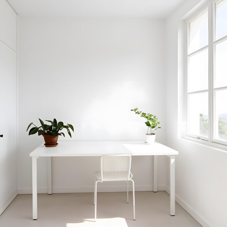 un escritorio blanco con una planta en él y una olla en la mesa
