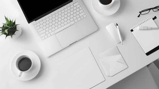 Un escritorio blanco con un portátil una taza de café un ratón un cuaderno un bolígrafo y una planta el portátil está abierto y hay un documento en blanco en la pantalla