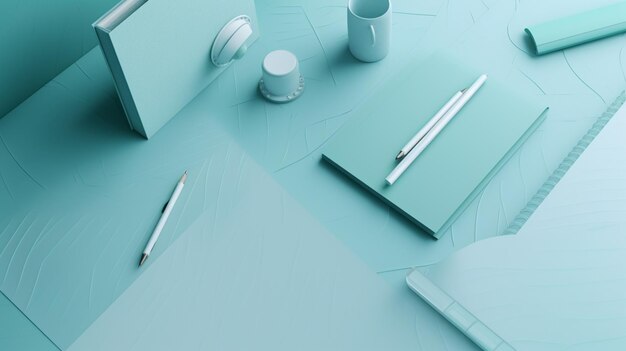 Un escritorio con una caja azul y un bolígrafo encima.