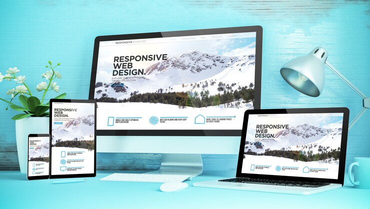 Foto escritorio con capacidad de respuesta azul con dispositivos que muestran la representación 3d del sitio web con capacidad de respuesta