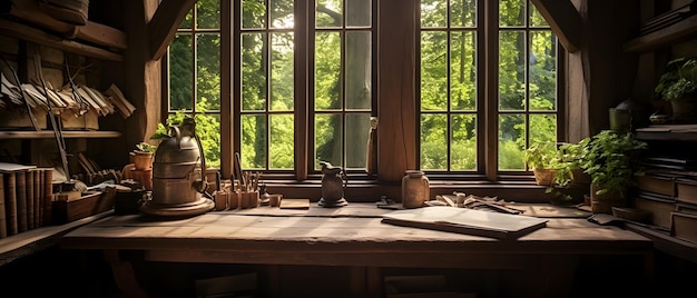 escritorio de carpintería una habitación rústica junto a la ventana