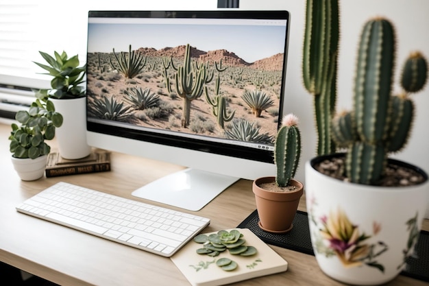 Un escritorio en casa junto a una computadora de escritorio con cactus, bambú y flores.