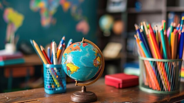 Un escritorio de clase con coloridos suministros escolares y un pequeño globo