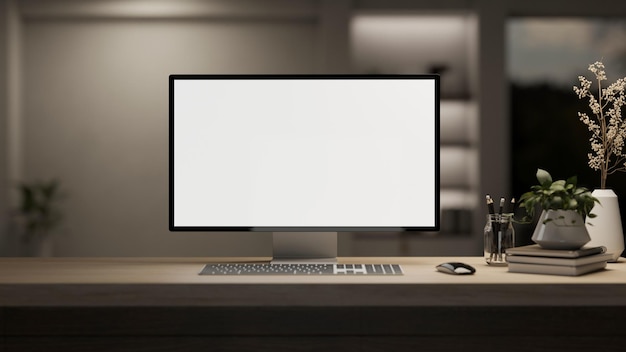 Un escritorio de computadora en una habitación moderna con una luz tenue una maqueta de pantalla blanca de una computadora PC