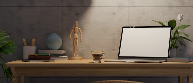 Escritorio de la computadora interior del lugar de trabajo oscuro moderno con maqueta de pantalla en blanco de computadora portátil bajo luz 3d