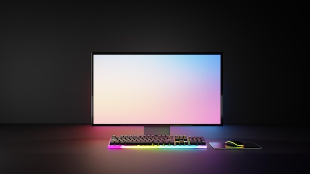 Escritorio de computadora de jugador de cuarto oscuro con luces RGB Maqueta de pantalla de luz de computadora de PC Ilustración de renderizado 3d de teclado de juego