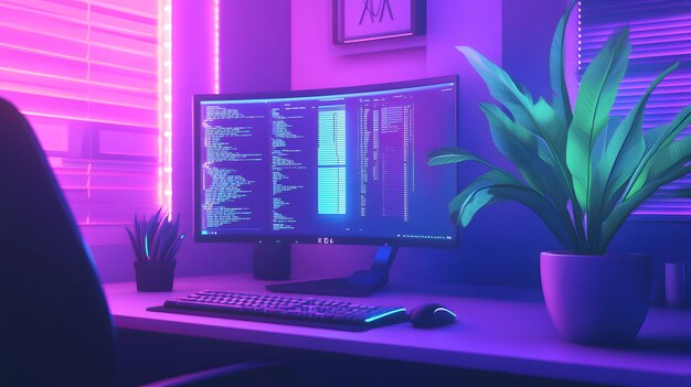 El escritorio de la computadora con luces de neón y una planta en una olla