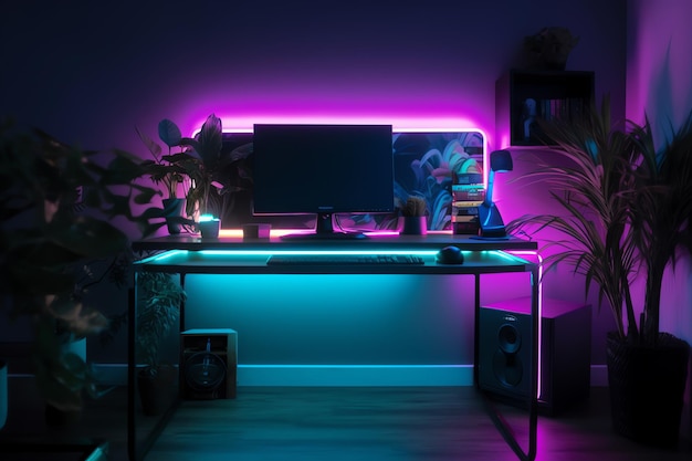 Un escritorio de computadora con una luz LED púrpura que se ilumina con un fondo negro.