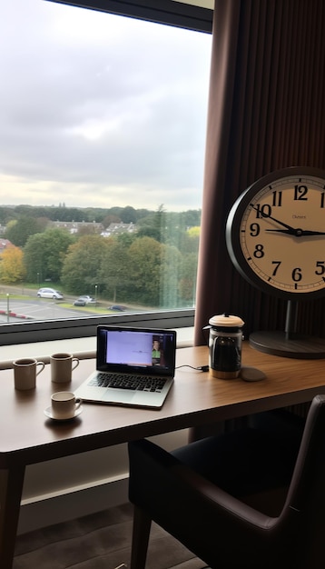 Un escritorio con una computadora portátil un reloj y una cafetera frente a una ventana