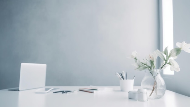 Un escritorio con una computadora portátil, una taza de café y un jarrón con flores.