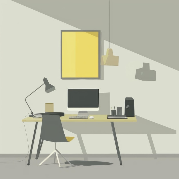 Un escritorio de computadora con una silla y un monitor de computadora