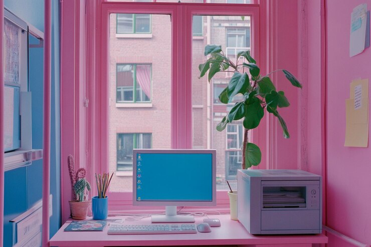 Foto un escritorio con una computadora y una ventana con un fondo rosa