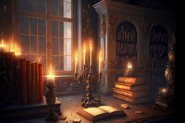 Escritorio en concepto de biblioteca con libros y velas en candelabro creado con ai generativo