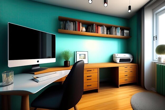 Escritorio creativo de oficina en casa con suministros de oficina, computadora portátil y espacio en la pared