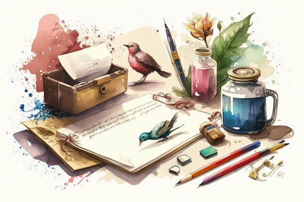 Escritorio creativo con papelería y pájaros