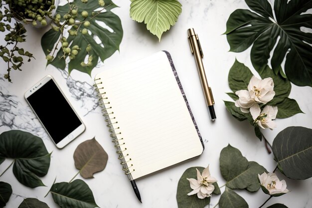 Un escritorio con un cuaderno abierto, una rama frondosa, un bolígrafo y un teléfono.