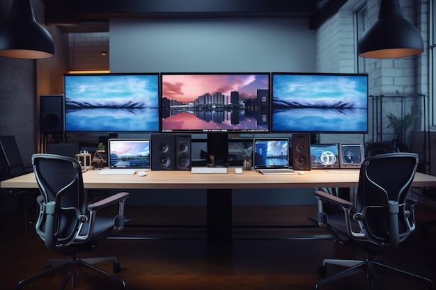 escritório de agência criativa moderno e vazio com configuração de monitores duplos e processamento de filme de vídeo