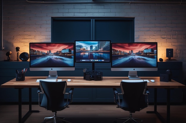 escritório de agência criativa moderno e vazio com configuração de monitores duplos e processamento de filme de vídeo