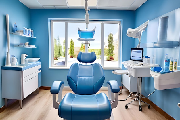 Escritório dentário moderno Cadeira dentária e outros acessórios usados por dentistas em luz médica azul