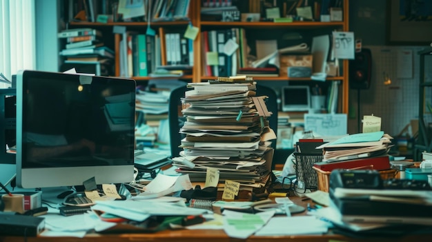 Un escritorio desordenado con una gran pila de papeles en el centro un monitor de computadora y varias otras oficinas