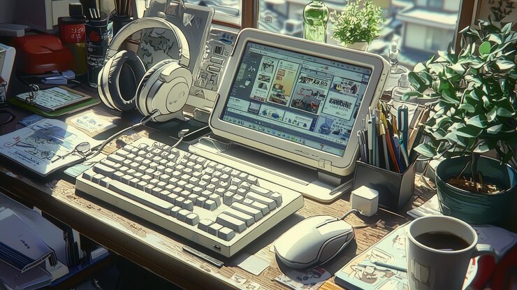 Foto un escritorio desordenado con un teclado de computadora, un ratón, auriculares, una taza de café y una planta el escritorio está situado en una habitación con una ventana con vistas a la ciudad