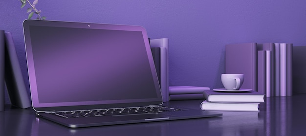 Escritorio de diseñador púrpura moderno con monitor de computadora vacío, taza de café y libros 3D Rendering
