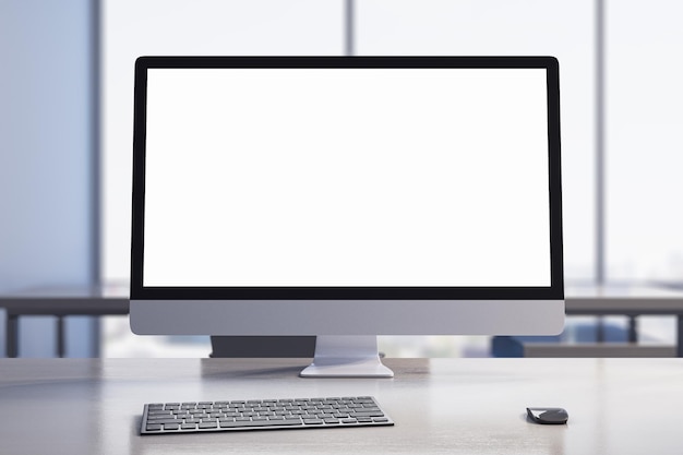 Escritorio de diseño contemporáneo brillante con monitor de computadora blanco taza de café suministra otros objetos y ventana con vista a la ciudad en el fondo Mock up 3D Rendering