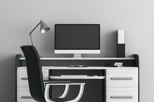 Escritorio de diseño creativo con computadora vacía y otros equipos Mock up 3D Rendering