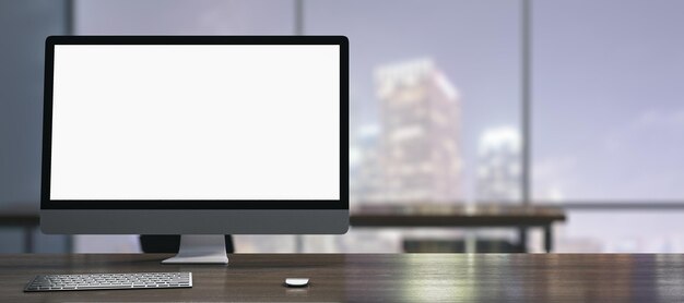 Escritorio de diseño limpio con monitor de computadora blanco taza de café suministra otros objetos y ventana con vista nocturna de la ciudad en el fondo Mock up 3D Rendering