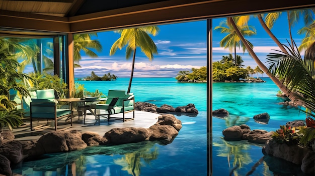 Foto escritório do paraíso da ilha com piscinas na lagoa e cabanas tiki