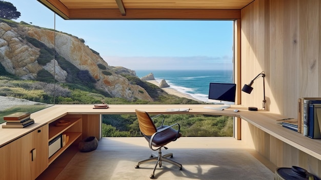 Escritório doméstico de IA generativa em uma caverna rochosa com uma janela considerável com vista para o panorama de uma cordilheira oceânica