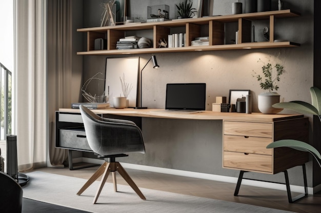 Escritório doméstico minimalista com soluções elegantes de armazenamento de mesa e decoração moderna criada com IA generativa