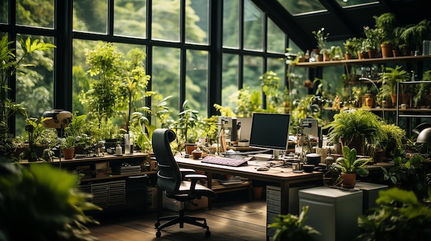 Escritório ecológico verde Interior de escritório com muitas plantas verdes Geração de IA