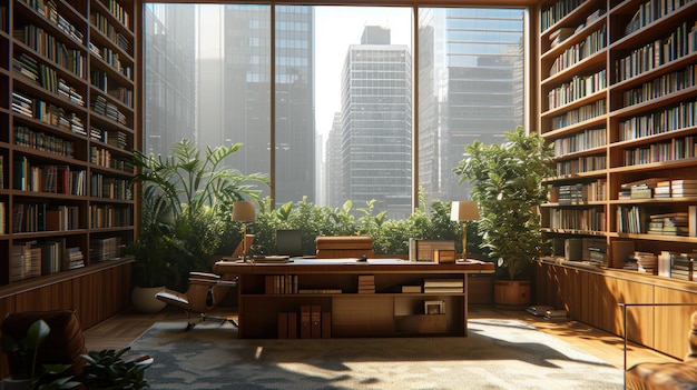 escritório em casa com biblioteca em casa janelas panorâmicas plantas visualização interior 3D