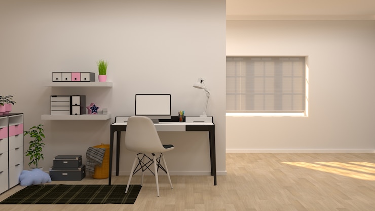 Foto escritório em casa com, lâmpadas sofá com fundo branco da parede