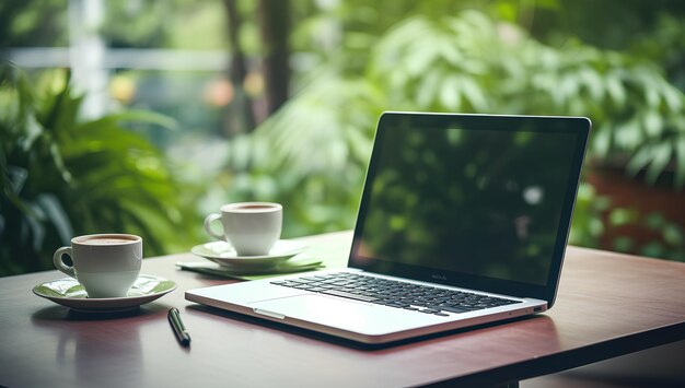 Escritório em casa com laptop na mesa perto da janela.