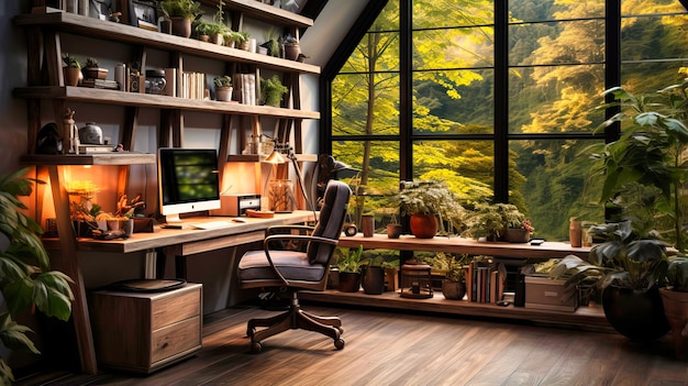 Escritório em casa com uma escrivaninha de canto, estantes e uma planta