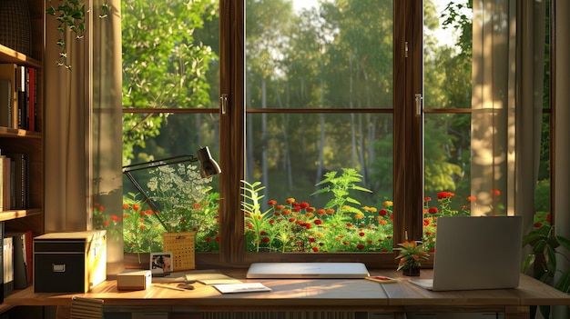 escritório em casa com vista para a natureza, com uma secretária junto a uma janela com vista para um jardim ou para uma paisagem cênica