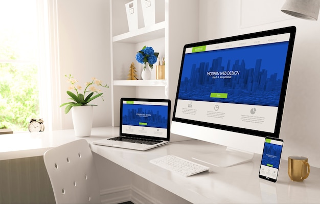 Escritório em casa configurado com design responsivo na renderização 3D da tela